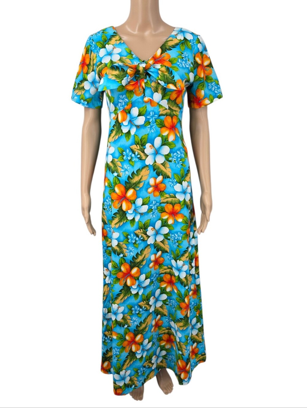 Winnie Fashion Tropical Floral Maxi Dress Empire Waist Short Sleeves Tie Front